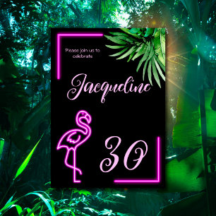Retro tropical neon pink flamingo 30th birthday invitation