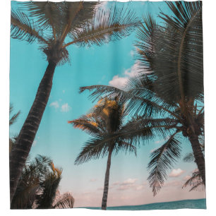 RETRO TROPICAL PALM TREE BY THE BEACH SHOWER CURTAIN
