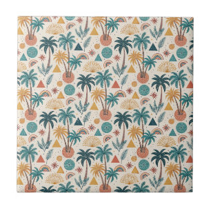 Retro Tropical Palm Tree & Geometric Sun Pattern Ceramic Tile
