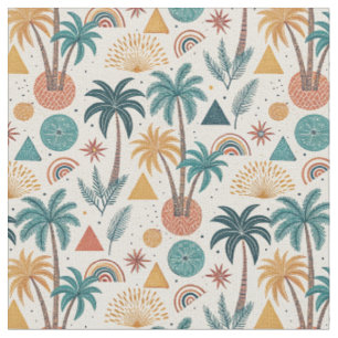 Retro Tropical Palm Tree & Geometric Sun Pattern Fabric