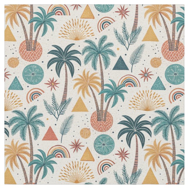 Retro Tropical Palm Tree & Geometric Sun Pattern Fabric (Close Up)