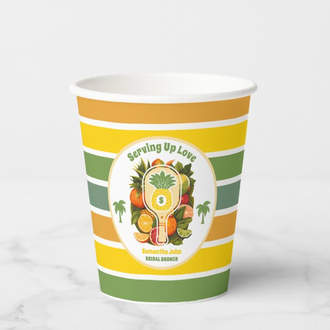 Retro Tropical Pineapple Pickleball Bridal Shower Paper Cups (Front)