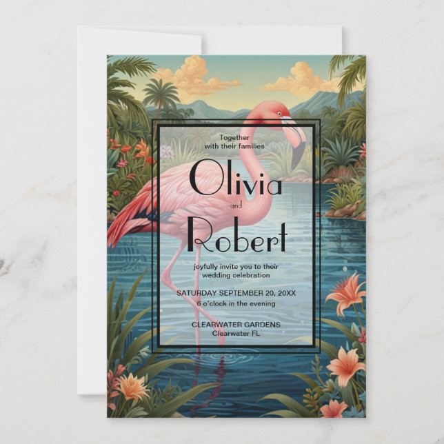 Retro tropical pink flamingo invitation (Front)