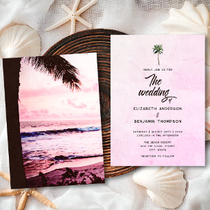 Retro Tropical Pink Palm Tree Beach Sunset Wedding Invitation