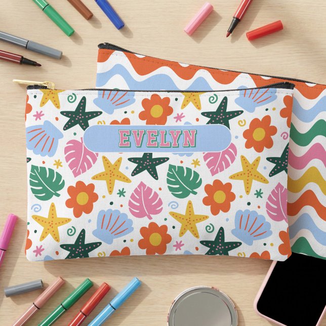 Retro Tropical Starfish & Shells Personalised Accessory Pouch (Personalized Pouch with Bright and Colorful Beach themed pattern)