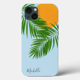 Retro Tropical Sun Palm Leaves Blue Minimal Name iPhone 13 Case