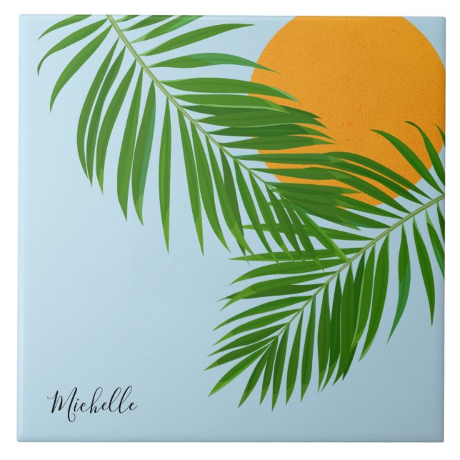 Retro Tropical Sun Palm Leaves Blue Minimal Name Ceramic Tile (Front)