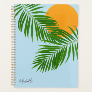 Retro Tropical Sun Palm Leaves Blue Minimal Name Planner