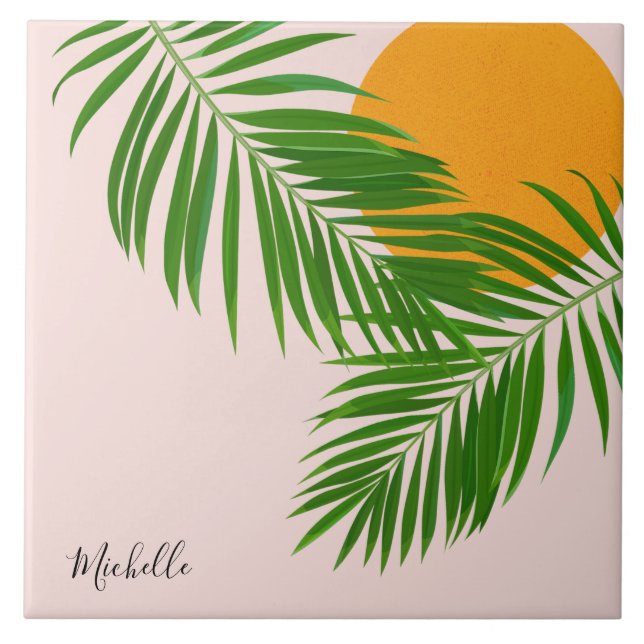 Retro Tropical Sunset Palm Leaves Minimalist Name Ceramic Tile (Front)