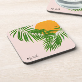 Retro Tropical Sunset Palm Leaves Minimalist Name Coaster
