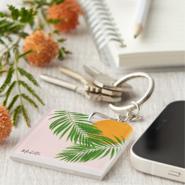 Retro Tropical Sunset Palm Leaves Minimalist Name Key Ring