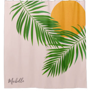 Retro Tropical Sunset Palm Leaves Minimalist Name Shower Curtain
