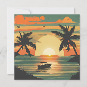 Retro Tropical Sunset with Boat Card