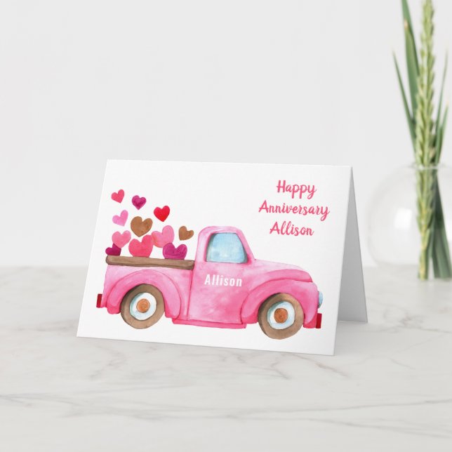 Retro Truck and Hearts Personalized Pink Card (Front)