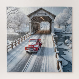 Retro Truck and Winter Covered Bridge Jigsaw Puzzle