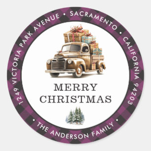 Retro Truck Purple Merry Christmas Return Address Classic Round Sticker