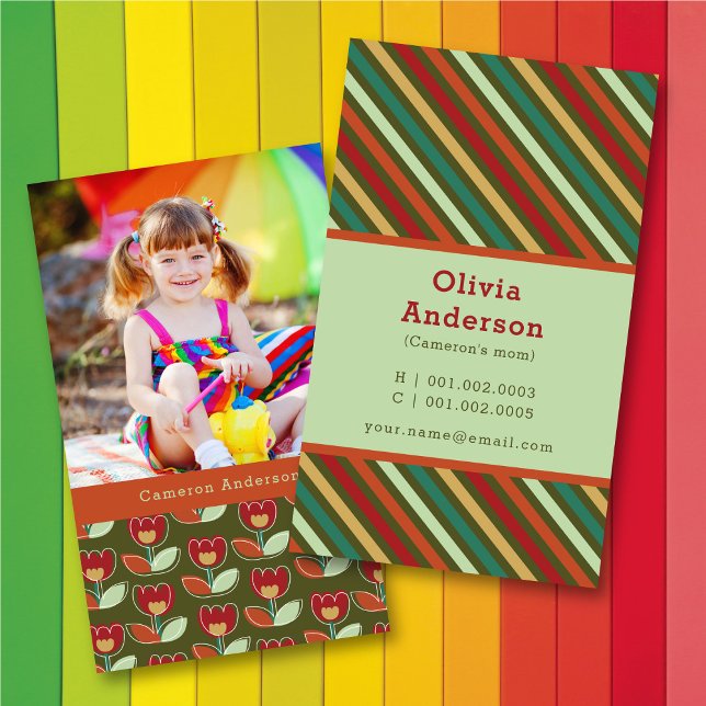 Retro Tulip Blooms And Stripes Pattern Photo Mummy Calling Card (Creator Uploaded)