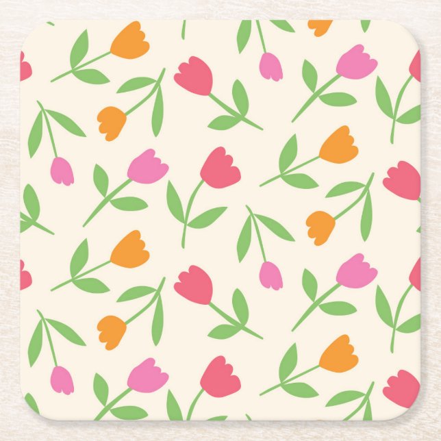 Retro Tulip Flowers pattern in orange pink and red Square Paper Coaster (Front)