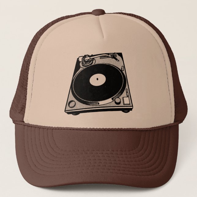 Retro Turntable Graphic in Black Trucker Hat (Front)