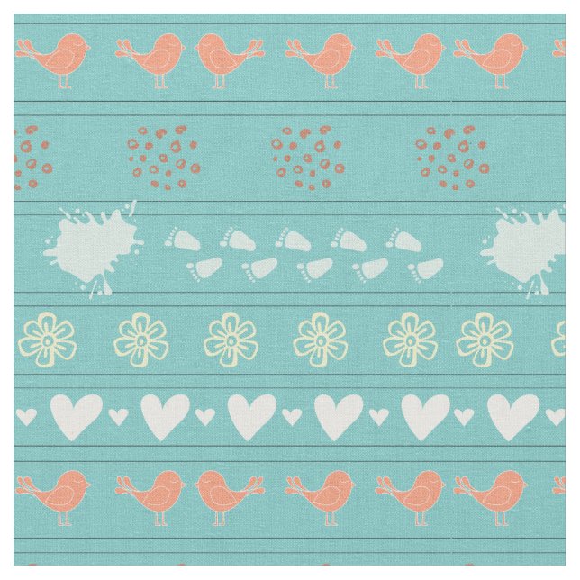 Retro turqouise and colourful pattern of birds,   fabric (Close Up)