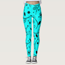 Retro Turquoise and Black Line Art Floral Leggings