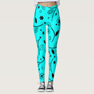 Retro Turquoise and Black Line Art Floral Leggings