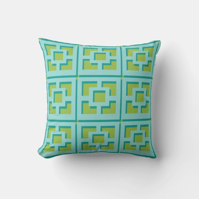 Retro Turquoise and Green Trellis Throw Pillow (Front)