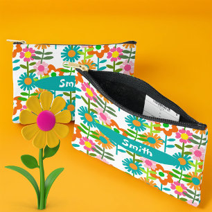 Retro Turquoise And Orange Flowers Accessory Pouch