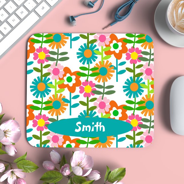 Retro Turquoise And Orange Flowers Mouse Pad (Creator Uploaded)