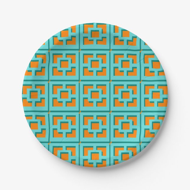 Retro Turquoise and Orange Trellis Paper Plate (Front)