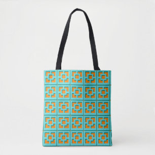 Retro Turquoise and Orange Trellis Tote Bag