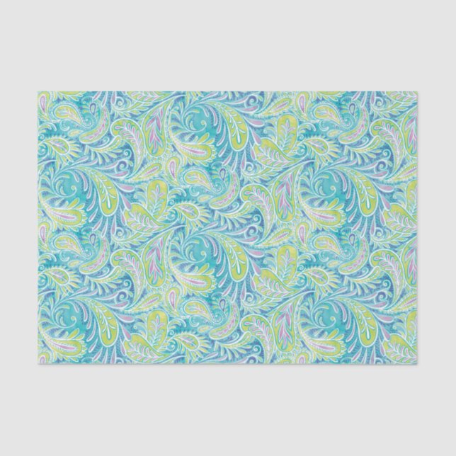 Retro Turquoise Aqua Pink Paisley Pattern Tissue Paper (Front)