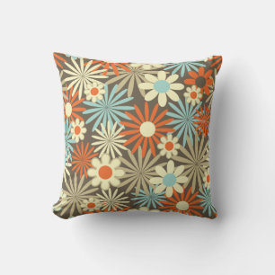 Retro Turquoise, Beige, Orange Floral Throw Pillow