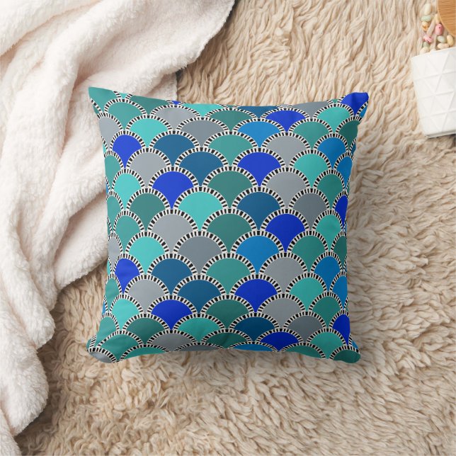 Retro Turquoise Blue Teal Grey Scales Pattern Cushion (Blanket)