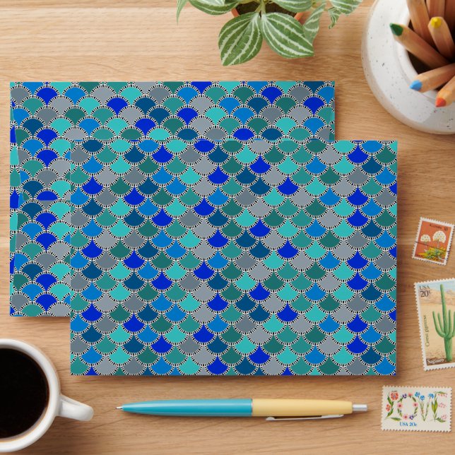 Retro Turquoise Blue Teal Grey Scales Pattern Envelope (Desk)