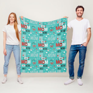 Retro Turquoise Comic MOM Love Pattern Fleece Blanket