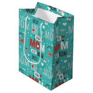 Retro Turquoise Comic MOM Love Pattern Medium Gift Bag