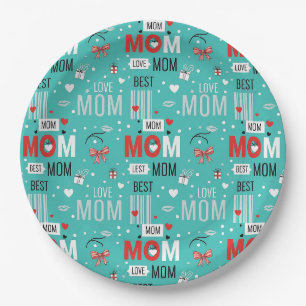 Retro Turquoise Comic MOM Love Pattern Paper Plate