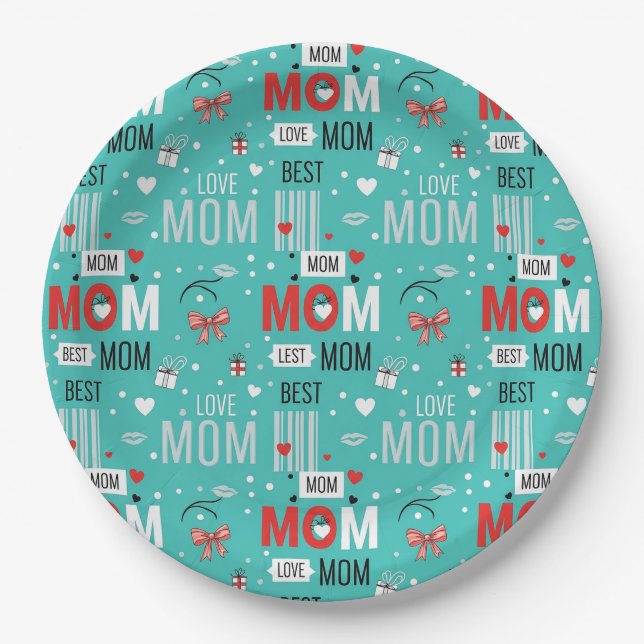 Retro Turquoise Comic MOM Love Pattern Paper Plate (Front)