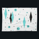 Retro Turquoise Diamond & Starburst Kitchen Towel<br><div class="desc">This Retro Turquoise Diamonds and Starbursts Kitchen Towel is a new take on a vintage style. It features kitschy, black starbursts on turquoise polka dots, surrounding geometric, turquoise and black diamond shapes. Customise the background colour on this mid century modern product if you're feeling daring, or leave it white if...</div>
