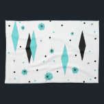Retro Turquoise Diamond & Starburst Kitchen Towel<br><div class="desc">This Retro Turquoise Diamonds and Starbursts Kitchen Towel is a new take on a vintage style. It features kitschy, black starbursts on turquoise polka dots, surrounding geometric, turquoise and black diamond shapes. Customise the background colour on this mid century modern product if you're feeling daring, or leave it white if...</div>