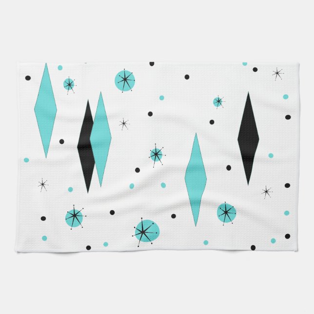 Retro Turquoise Diamond & Starburst Kitchen Towel (Horizontal)