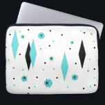 Retro Turquoise Diamond & Starburst Laptop Sleeve<br><div class="desc">This Retro Turquoise Diamonds and Starbursts Laptop Sleeve is a new take on a vintage style. It features kitschy, black starbursts on turquoise polka dots, surrounding geometric, turquoise and black diamond shapes. Customise the background colour on this mid century modern product if you're feeling daring, or leave it white if...</div>
