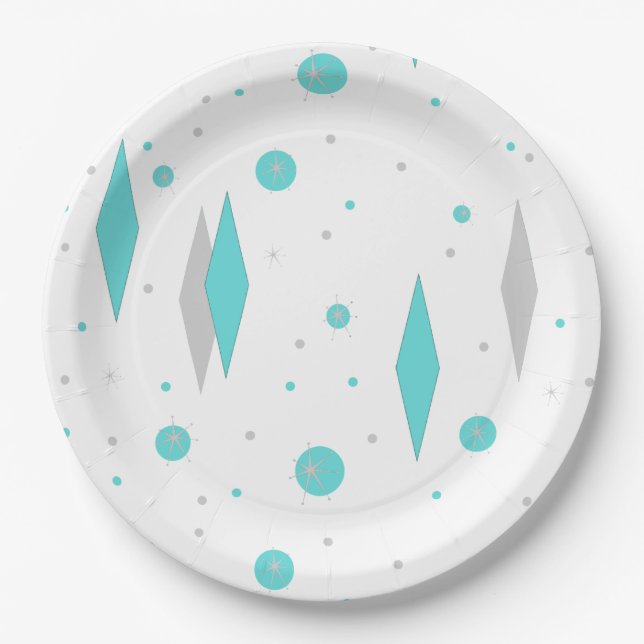 Retro Turquoise Diamond & Starburst Paper Plates (Front)
