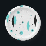 Retro Turquoise Diamond & Starburst Paper Plates<br><div class="desc">These Retro Turquoise Diamonds and Starbursts Paper Plates are a new take on a vintage style. It features kitschy, black starbursts on turquoise polka dots, surrounding geometric, turquoise and black diamond shapes. Customise the background colour on this mid century modern product if you're feeling daring, or leave it white if...</div>
