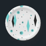 Retro Turquoise Diamond & Starburst Paper Plates<br><div class="desc">These Retro Turquoise Diamonds and Starbursts Paper Plates are a new take on a vintage style. It features kitschy, black starbursts on turquoise polka dots, surrounding geometric, turquoise and black diamond shapes. Customise the background colour on this mid century modern product if you're feeling daring, or leave it white if...</div>