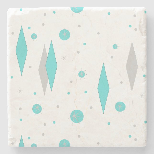 Retro Turquoise Diamond & Starburst Stone Coaster (Front)