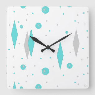 Retro Turquoise Diamond & Starburst Wall Clock