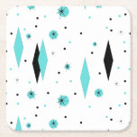 Retro Turquoise Diamonds & Starburst Paper Coaster<br><div class="desc">This Retro Turquoise Diamonds and Starbursts Paper Coaster is a new take on a vintage style. It features kitschy, black starbursts on turquoise polka dots, surrounding geometric, turquoise and black diamond shapes. Customise the background colour on this mid century modern product if you're feeling daring, or leave it white if...</div>