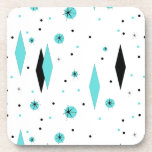 Retro Turquoise Diamonds Starburst Plastic Coaster<br><div class="desc">This Retro Turquoise Diamonds and Starbursts Hard Plastic Coaster is a new take on a vintage style. It features kitschy, black starbursts on turquoise polka dots, surrounding geometric, turquoise and black diamond shapes. Customise the background colour on this mid century modern product if you're feeling daring, or leave it white...</div>